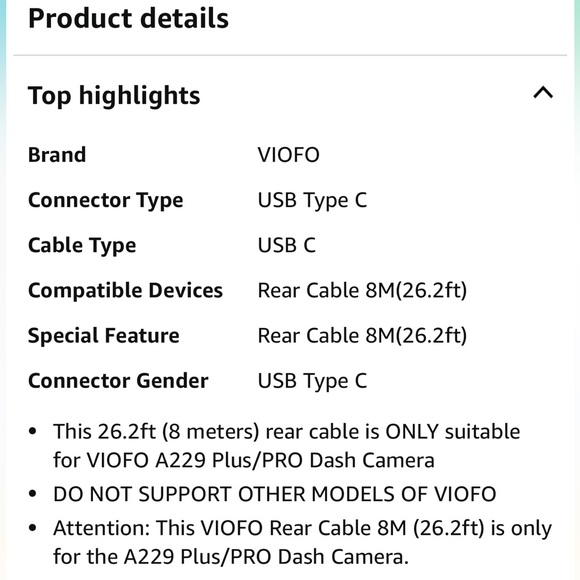 VIOFO Rear Cable 8M(26.2ft) ONLY for A229 Plus/PRO Dash Camera- USB C Cable - Picture 7 of 9